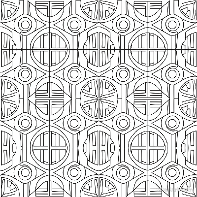Black and white line art of an abstract geometric pattern integrating mushroom caps and stems into angular shapes, for coloring.