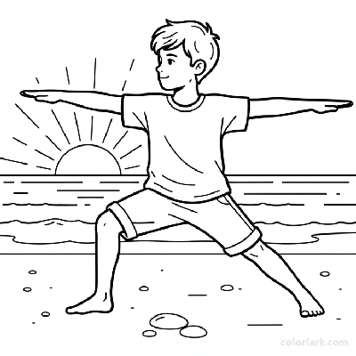 Line art of a little boy in Warrior II yoga pose by the calm sea at dawn, for coloring.