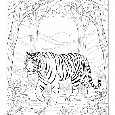 Black and white line art of a tiger walking through a misty morning jungle in India