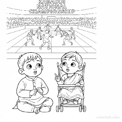 Line art of curious Indian toddlers watching a Kabaddi National Championship from a distance.