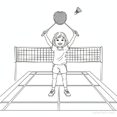 Line art of a joyful young girl winning a badminton match, raising her racket in celebration.
