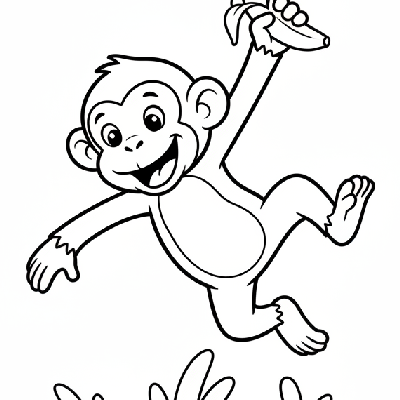 Line art of a monkey performing a dynamic cartwheel-like jump on the ground, eagerly reaching for a banana.