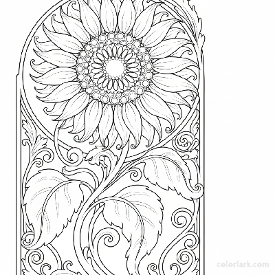 Black and white Art Nouveau style sunflower design with flowing, decorative lines