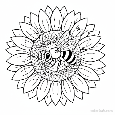Black and white line art illustrating a bee pollinating a sunflower, with educational elements