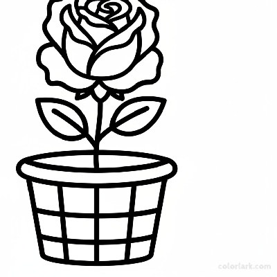 Simple rose in a basket coloring page for young crafters, black and white line art, easy flower in a container.