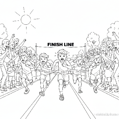 Line art of energetic children running a race to the finish line with a cheering audience