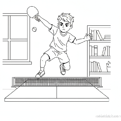 Line art of a focused youngster practicing a forehand smash in table tennis.