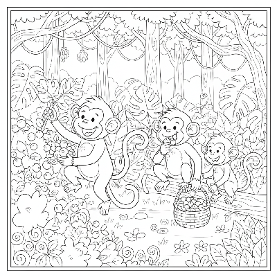 Black and white line art of monkeys gathering wild berries from bushes in an Indian jungle