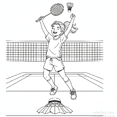 Line art of an energetic girl in a victory pose after winning a badminton match, raising her racket.