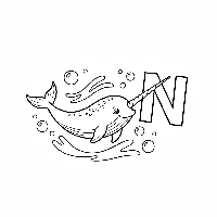 Black and white line art of a majestic narwhal swimming near the letter N.