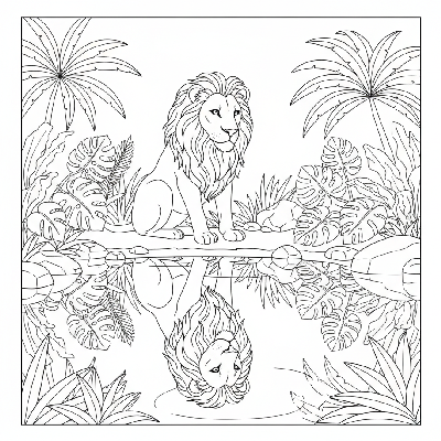 Black and white line art of a lone lion staring at its reflection in a calm jungle pool