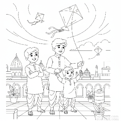 Line art of Indian boys teaching a younger sibling kite flying on an Indian safe city rooftop, for coloring.