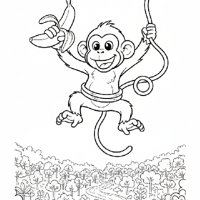 Black and white line art of a monkey bungee jumping from a high branch or cliff, holding a banana and looking thrilled.