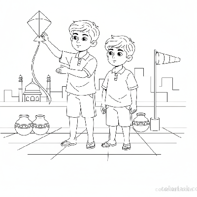 Line art of Indian boys with small kites learning wind direction on an Indian city rooftop, for coloring.