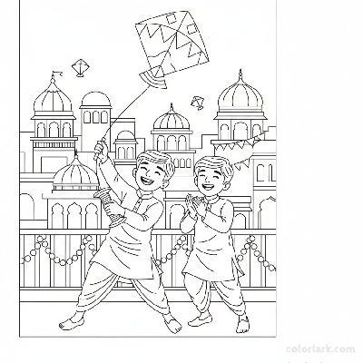 Line art of festive Indian boys enjoying kites on an Indian city terrace, for coloring.