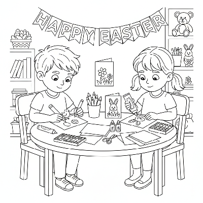 Black and white line art of two children creating handmade Easter greeting cards with crayons, glue, and paper.