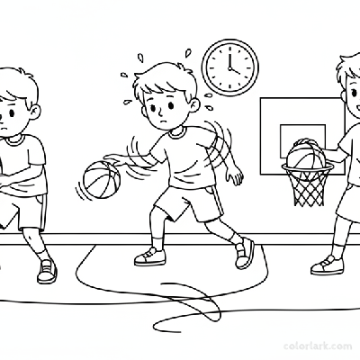 Black and white line art of a young boy's basketball dribble story in a school gym with a clock and trophy shelf.