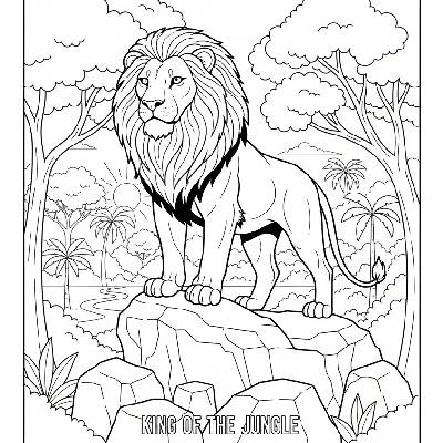 Black and white line art of a fierce lion guarding its territory from a high rock in India