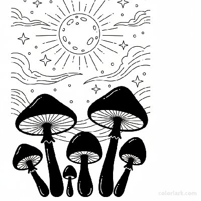 Black and white line art of bold silhouettes of various mushrooms against a detailed night sky with moon and stars, for coloring.