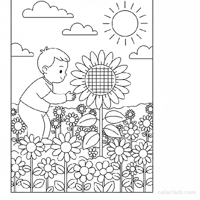 Black and white line art of a small child reaching to pick a sunflower