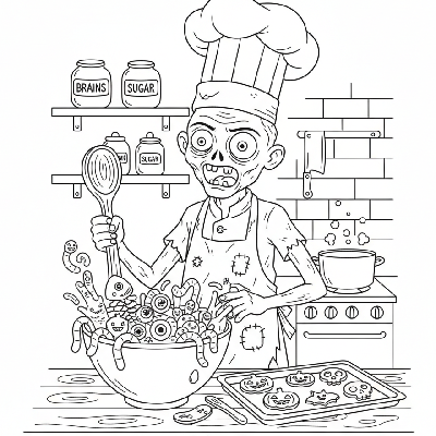 Black and white line art of a cute zombie chef baking Halloween cookies with silly ingredients, children's coloring page.