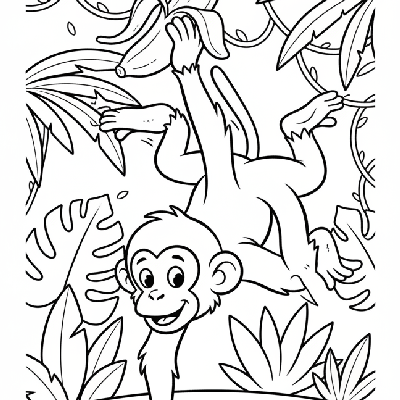 Line art of a monkey performing a dynamic handstand-into-jump, holding a banana with its feet.