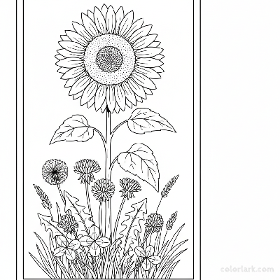 Black and white line art of a sunflower growing with dandelions and other wild plants