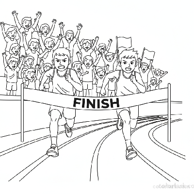 Line art of determined kid runners sprinting towards a finish line with a cheering crowd
