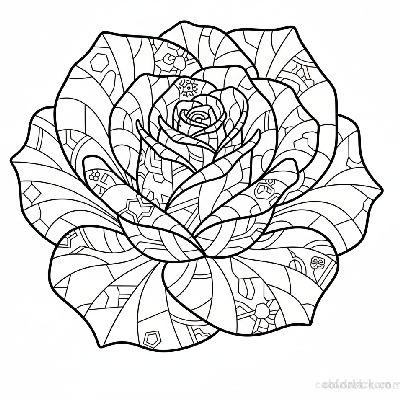Black and white line art of abstract rose petals rendered with geometric patterns and sharp lines