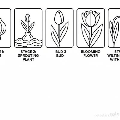 Line art illustration showing the different life cycle stages of a tulip