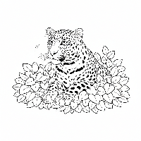 Free printable Indian leopard coloring page, observing jungle from a low bush.