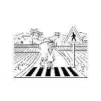 Black and white line art of an Indian pedestrian crossing warning sign on a village road with villagers.