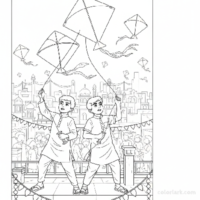Line art of focused Indian boys maneuvering kites on a crowded Indian festival rooftop, for coloring.