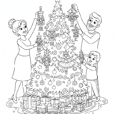 Line art of a family decorating a Christmas tree with whimsical themed nutcracker ornaments.