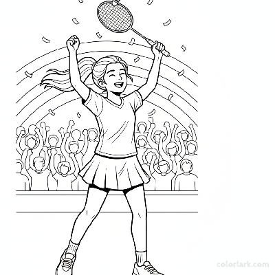 Line art of an energetic young girl raising her badminton racket after winning a championship.
