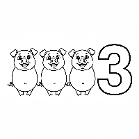 Black and white line art coloring page showing three little pigs with the number 3.