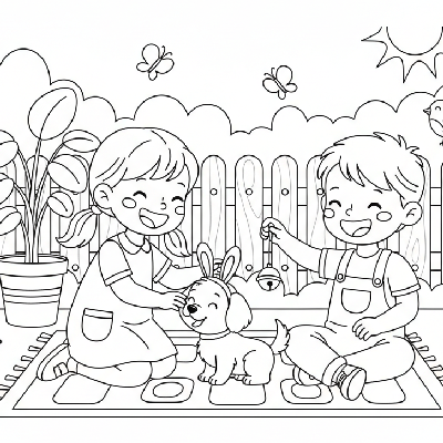 Black and white line art of two happy children playfully interacting with a puppy wearing bunny ears.