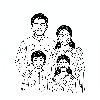 Family portrait smiling, covered in vibrant Holi colors, free printable coloring page.