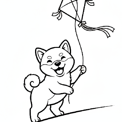 Black and white line art of a Shiba Inu puppy holding the string of a simple kite flying in the sky.