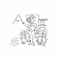 Coloring page of an Indian traffic cop showing a Stop sign to children.