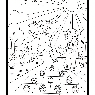 Black and white line art of two excited children playing hopscotch with Easter egg designs on an outdoor path.
