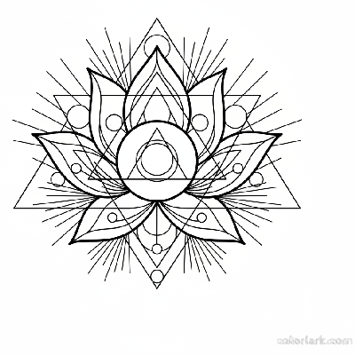 Black and white line art of an abstract lotus flower blended with geometric shapes.