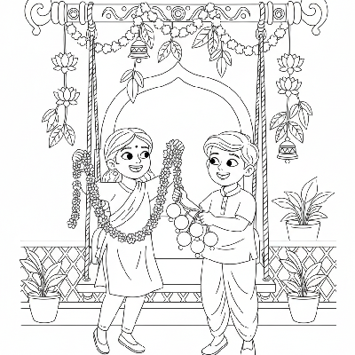 Children happily decorating a festive swing (Jhula) with garlands and flowers for Diwali fun, joyful, line art