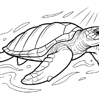 Black and white line art coloring page of a large leatherback sea turtle gliding in the open ocean.
