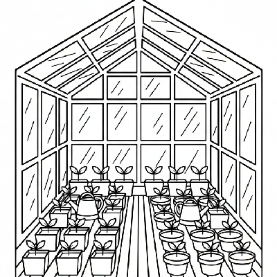 Black and white line art of a plant nursery greenhouse with seedlings, pots, and watering cans, all composed of circles, squares, and triangles for shape learning.