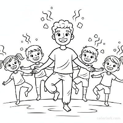 Line art of kids learning Wiggle Breath for energy with a yoga instructor.
