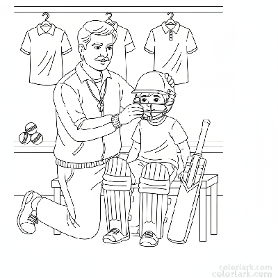 Indian coach helping kid adjust helmet and pads for safety, black and white line art.