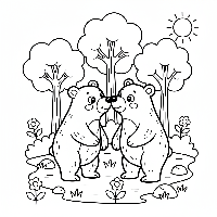 A black-and-white line art illustration depicting two cute brown bears in a forest, used for teaching the number 2 to children.