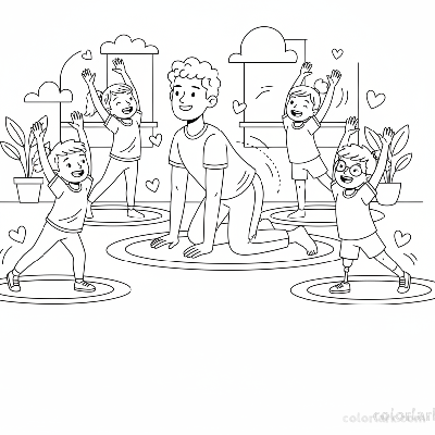 Line art of happy kids doing Cat-Cow stretch with a yoga teacher.