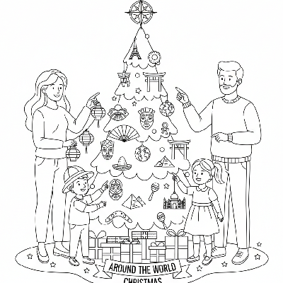 Line art of a family decorating a whimsical 'Around the World' themed Christmas tree with global ornaments.